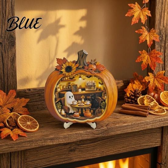Handmade Wooden Halloween Art Ghost Pumpkin Tabletop Sign House with Mini Tiered Stacked Crafts Scene Fall Harvest Desktop Ornament for Home Office