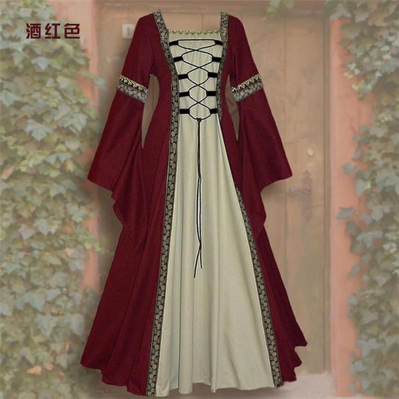 Gothic Vintage Square Neck Long Sleeve Flared Wrap Tie Hem A-Line Maxi Dress Women