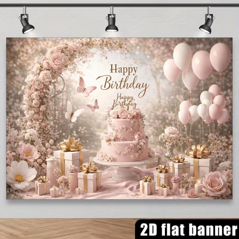 2D Elegant Pink Gold Happy Birthday Backdrop Banner Party Decoration for Girls