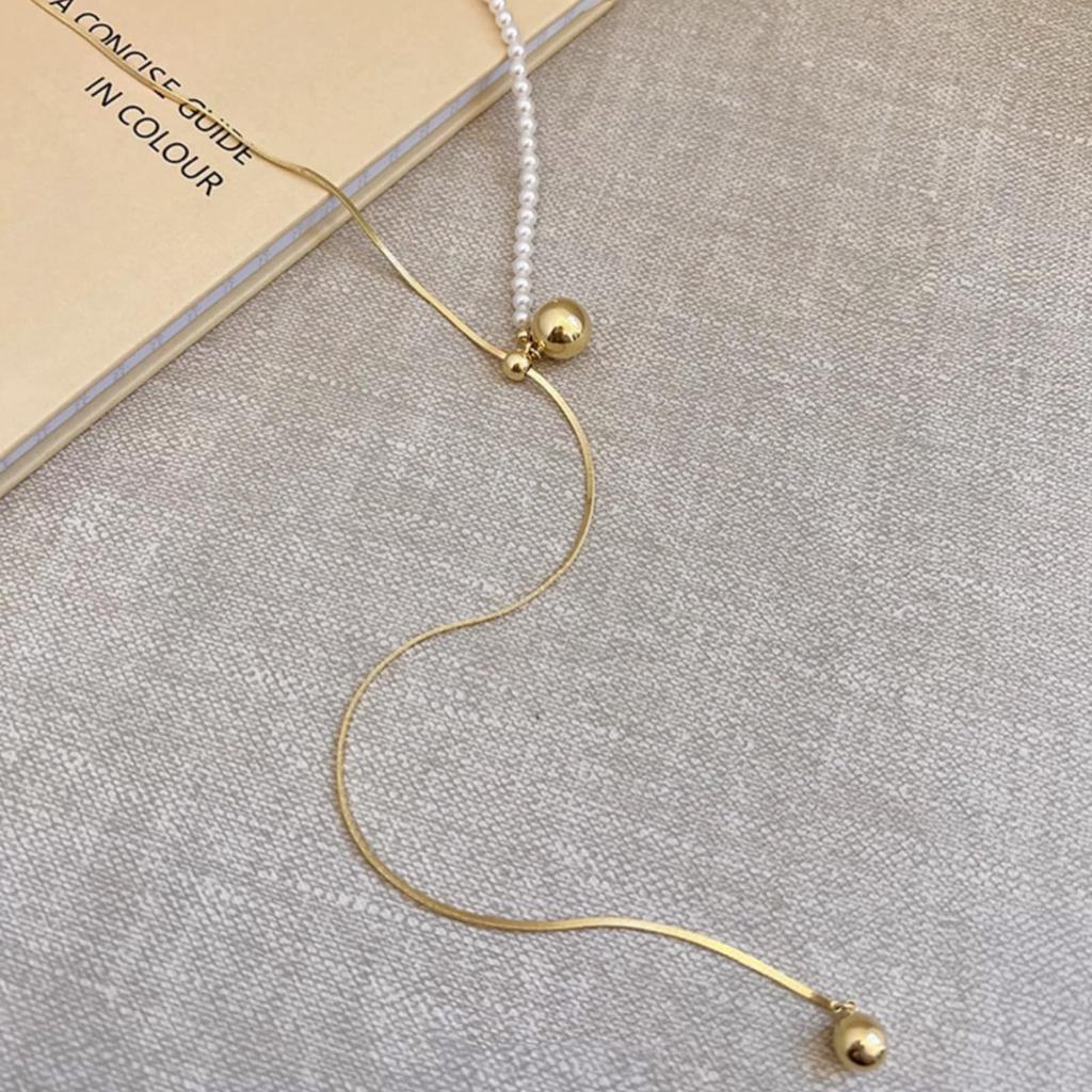 Naszyjnik Długi Naszyjnik Perła Popularny Złoty Srebrny Hipoalergiczny Prosty i Piękny [Moonstan] Damski (Srebro)