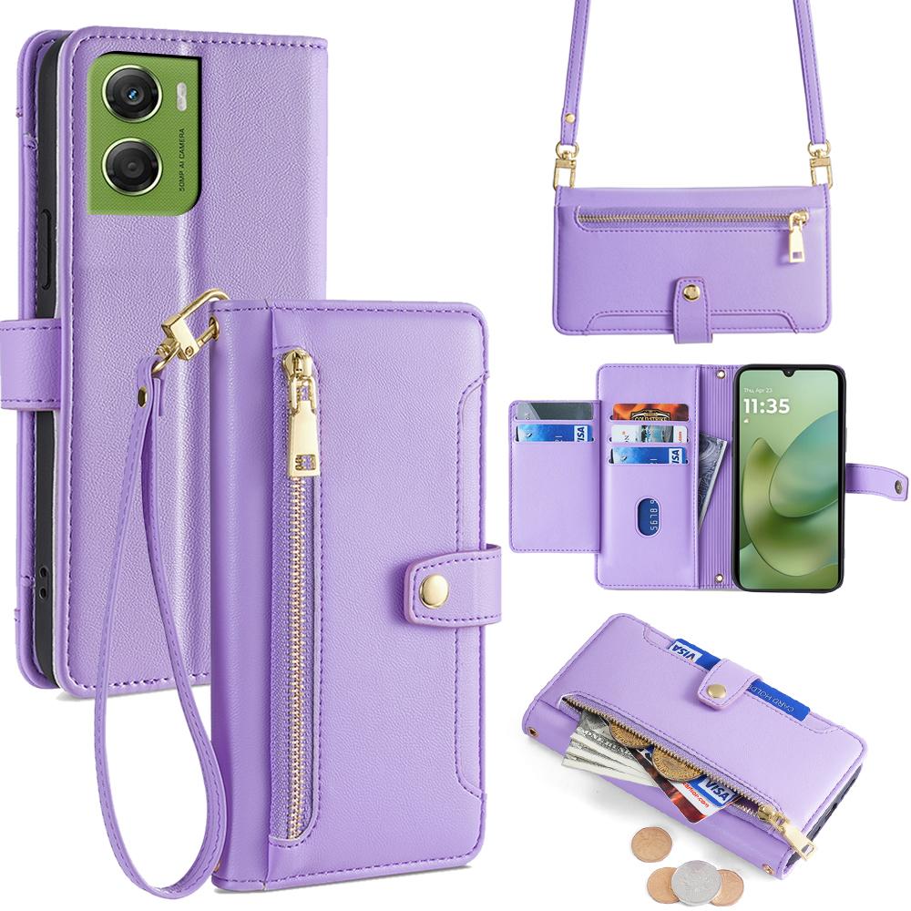 For Motorola Moto G06 4G Leather Case Zipper Pocket Wallet Phone Cover with 2 Straps