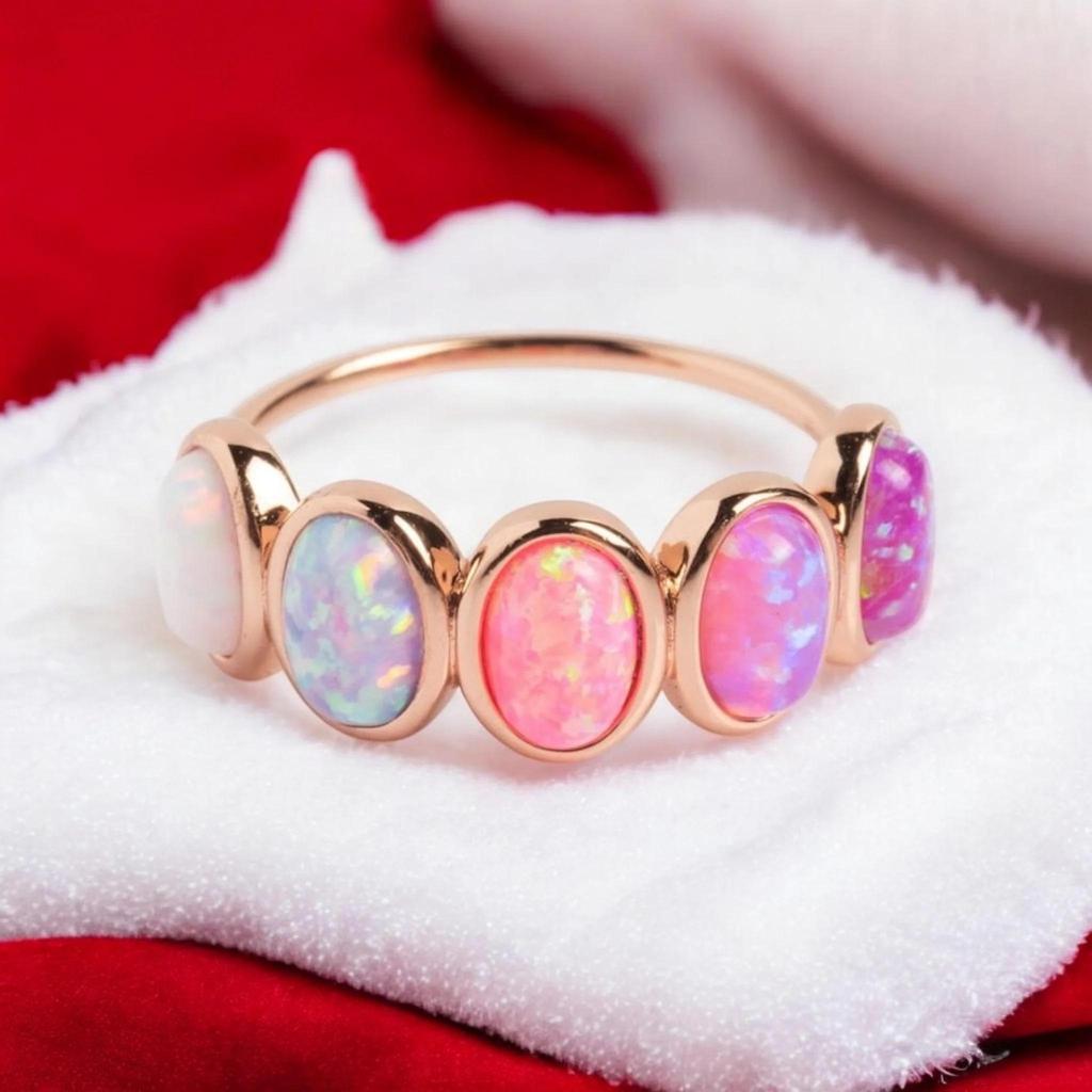 Pink Opal Ring, Vintage Opal Band, Opal Wedding Band, Rose Gold Opal Ring, Dainty Opal Ring, October Birthstone Ring