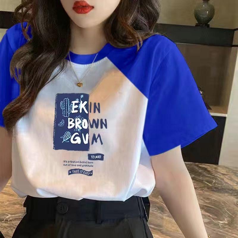 

Summer Color Block Printing Letter Blouse Women Classic Short Sleeve O-collar Loose Korean All-match Affordable Lady Top S синій