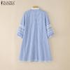 ZANZEA Women Casual Round Neck 3/4 Sleeve Loose Plaid Print Dress