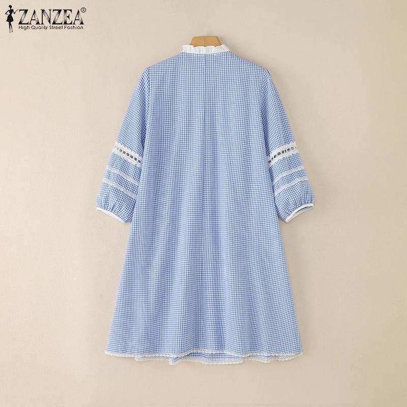 ZANZEA Women Casual Round Neck 3/4 Sleeve Loose Plaid Print Dress