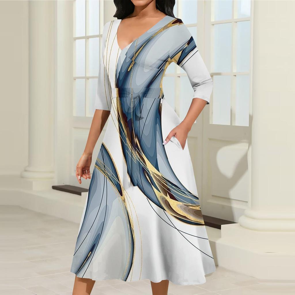 Rochie midi ocazională cu decolteu în V, cu mâneci trei sferturi, cu imprimeu