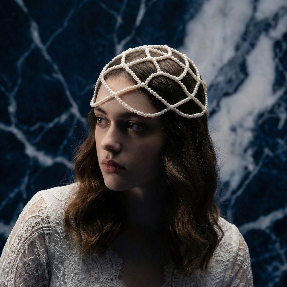 Hand-Made Pearl Hat Chain Pearls Weave Pearl Headpiece Stylish Bridal Head Ornament  Bridal Wedding