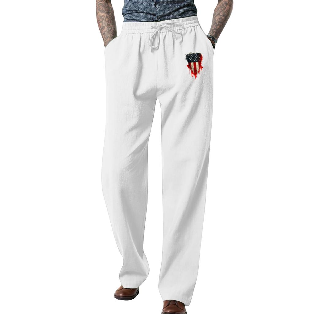 Men's Loose Casual Color Cotton Linen Trousers Elastic Tie Printed Straight Pants