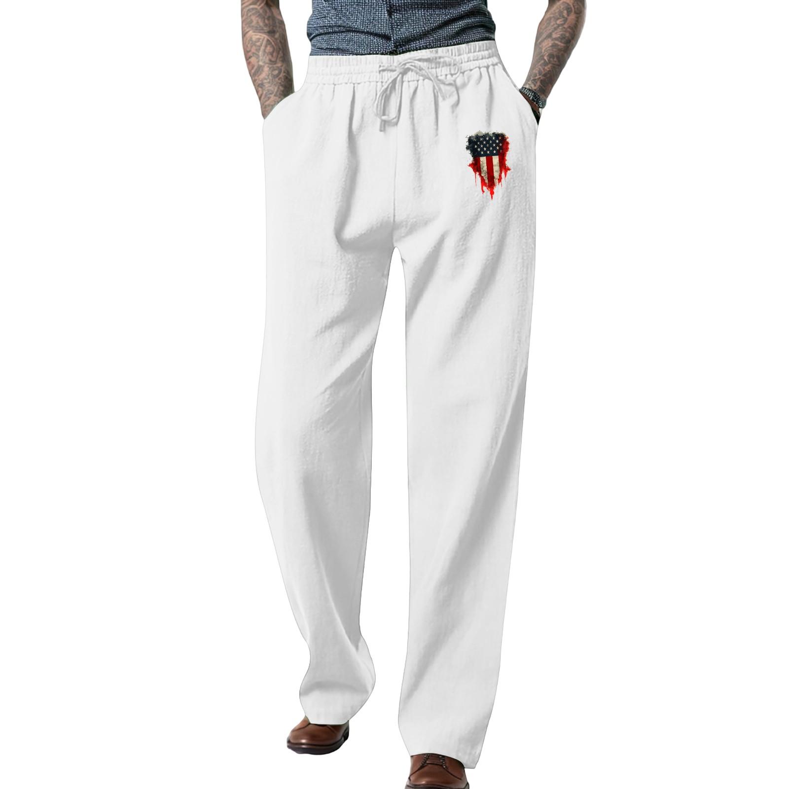 

Men s Loose Casual Solid Color Cotton Linen Trousers Elastic Tie Printed Straight Pants XL білий