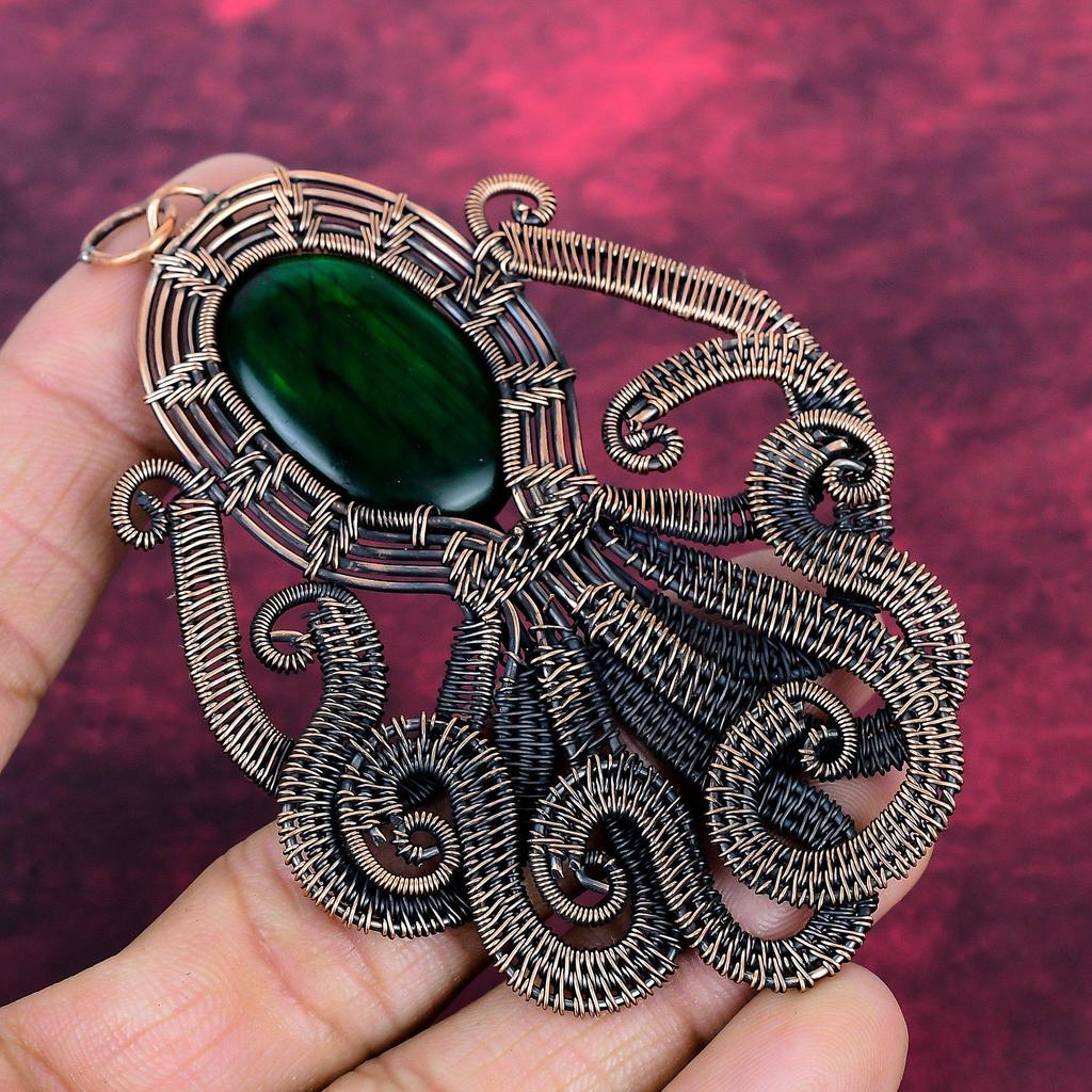 Green Fire Labradorite Real Gemstone Pendant Octopus Copper Wire Wrapped Jewelry