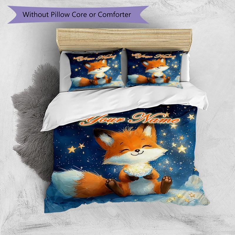 3PC Custom Name Fox Stars Bedding Set Duvet Cover Closure Includes 1 Duvet Cover & 2 Pillowcases for Bedroom