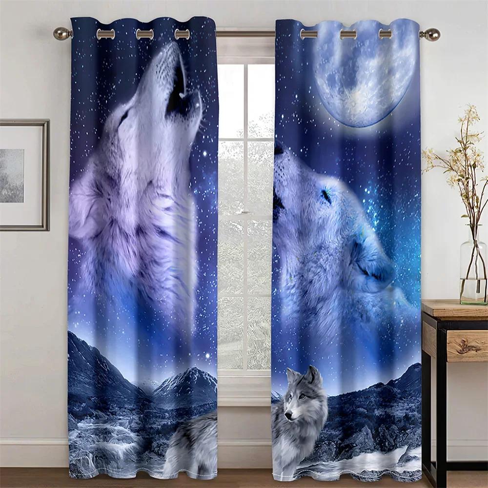 Night Wolf under the Moon Design Animal Light Filtering Drapes Window Curtains for Living Room Bedroom 2 Pieces Decor cortinas