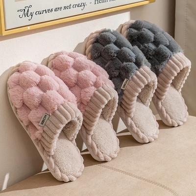 Women Home Slippers Winter Warm Furry Plush Slippers Female Fashion PVC Non-Slip Leisure Fur Shoes Couple Bedroom Floor Shoes