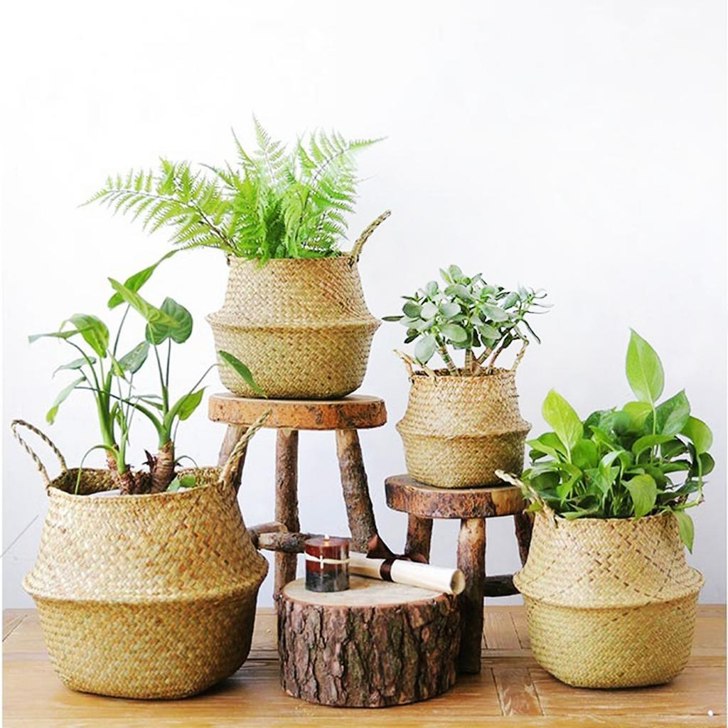 Foldable Seaweed Woven Basket, Straw Fruit Basket, Flower Pot, Planter, Storage Basket with Handle, 32*28cm