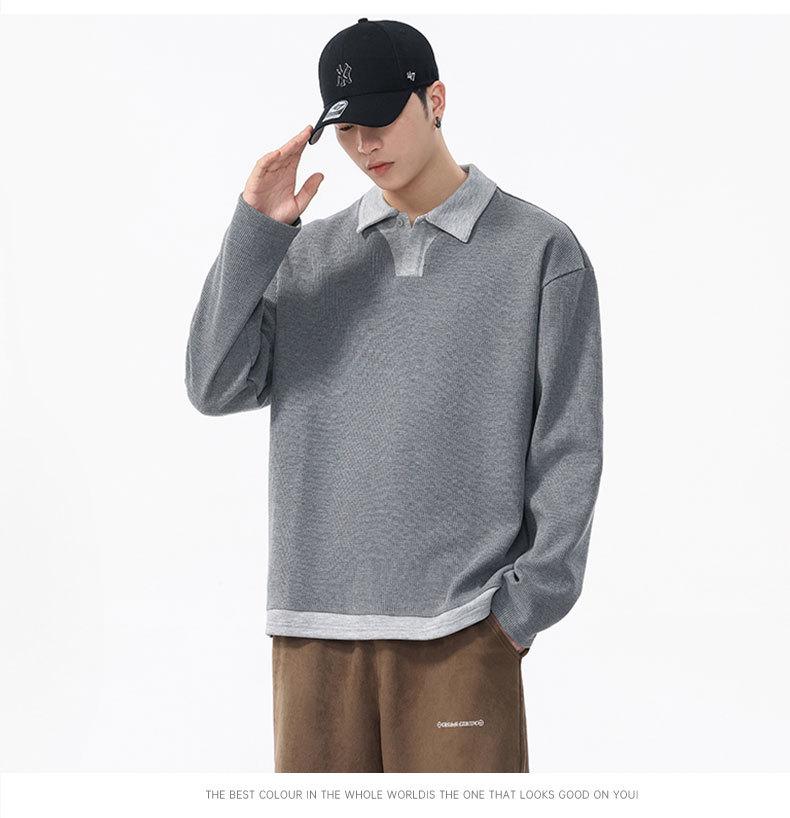 Pánská retro streetwearová mikina polo s dlouhým rukávem - Dvoudílný ležérní úplet s límečkem pro podzim/zimu