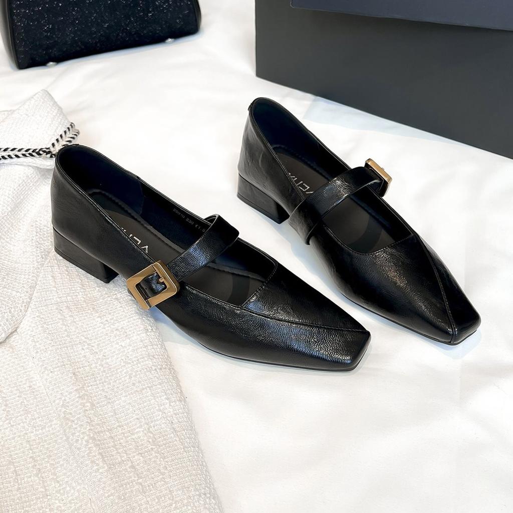 With late spring and autumn French thick heels, evening wind one-word shallow mouth single shoes, Korean version of the new 2025 retro square head sm