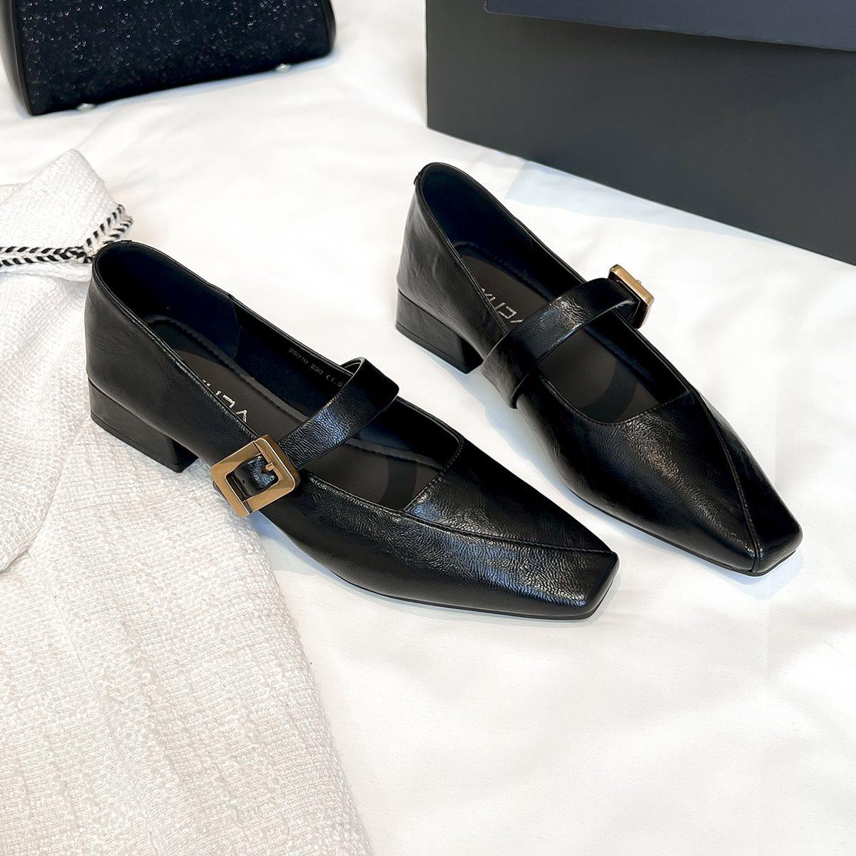 

With Late Spring And Autumn French Thick Heel Shoes, Evening Wind One-Word Shallow Mouth Single Shoes, Korean Version Of The New 2025 Square Head 39 чорний