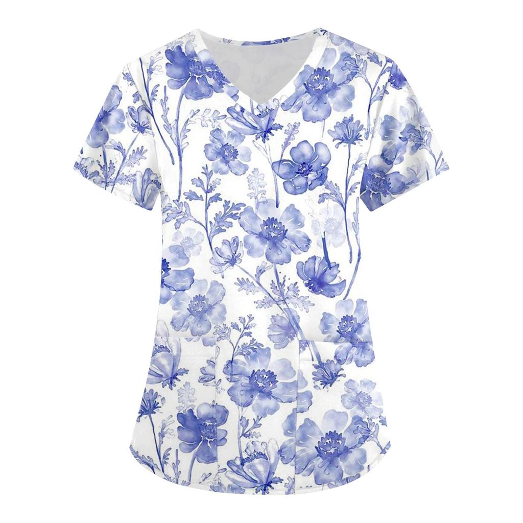 Damen Modisches T-Shirt mit Oster-Aufdruck, kurzärmelig, V-Ausschnitt, kleine Tasche, Arbeits-T-Shirt