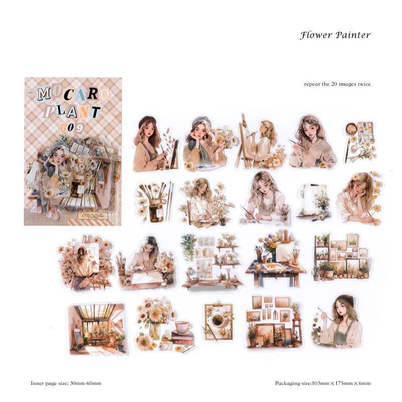 40 Sheets/bag Stickers PET Retro Illustration Girl Plant Character Sticker for Manual Splicing Materials Pack DIY Decoration