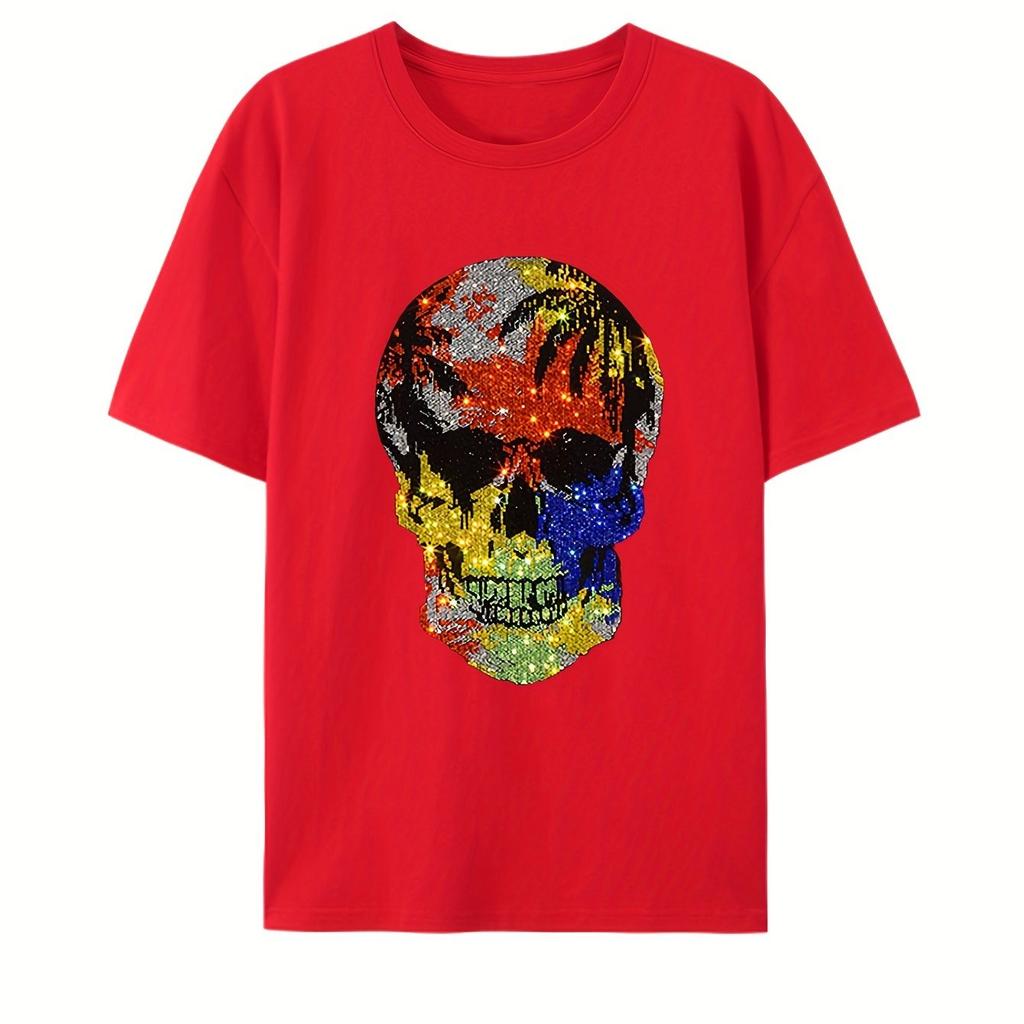 Men Women Sparkling Rhinestone Skull Graphic T-Shirt Black with Multicolor Bling Round Neck Short Sleeve Casual Tee