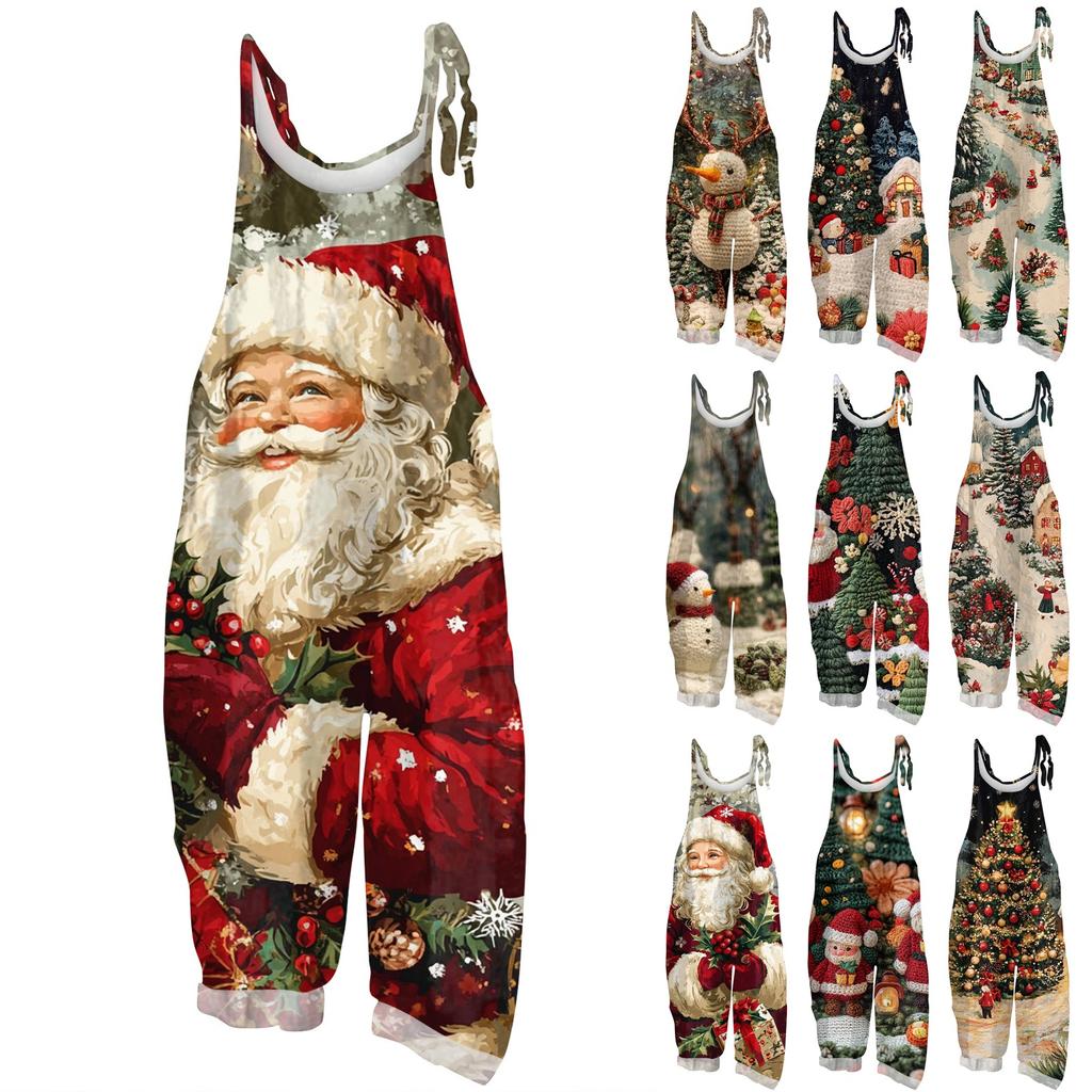 Frauen Overall Weihnachts Druck Beiläufige Lose Vintage Schulter Gurt Baumwolle Leinen