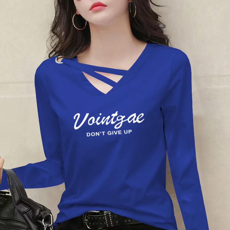 

2025 Plus Size Women s V-Neck Cotton Long Sleeve T-Shirt - Korean Style, Versatile, Loose Slimming Design for Autumn/Spring XL [105-120 lbs]