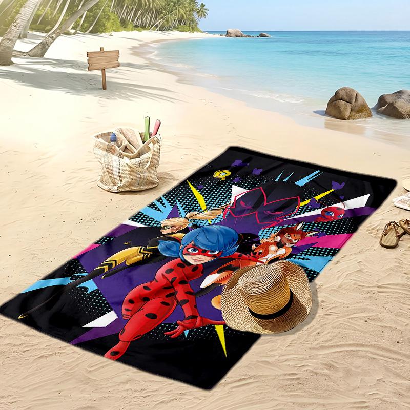Miraculous Ladybug Zeichentrickfilm Aufgedruckt Schnelltrocknendes Strandtuch Super Saugfähig Weiches Leichtes Badetuch für Pool Sommerreisen