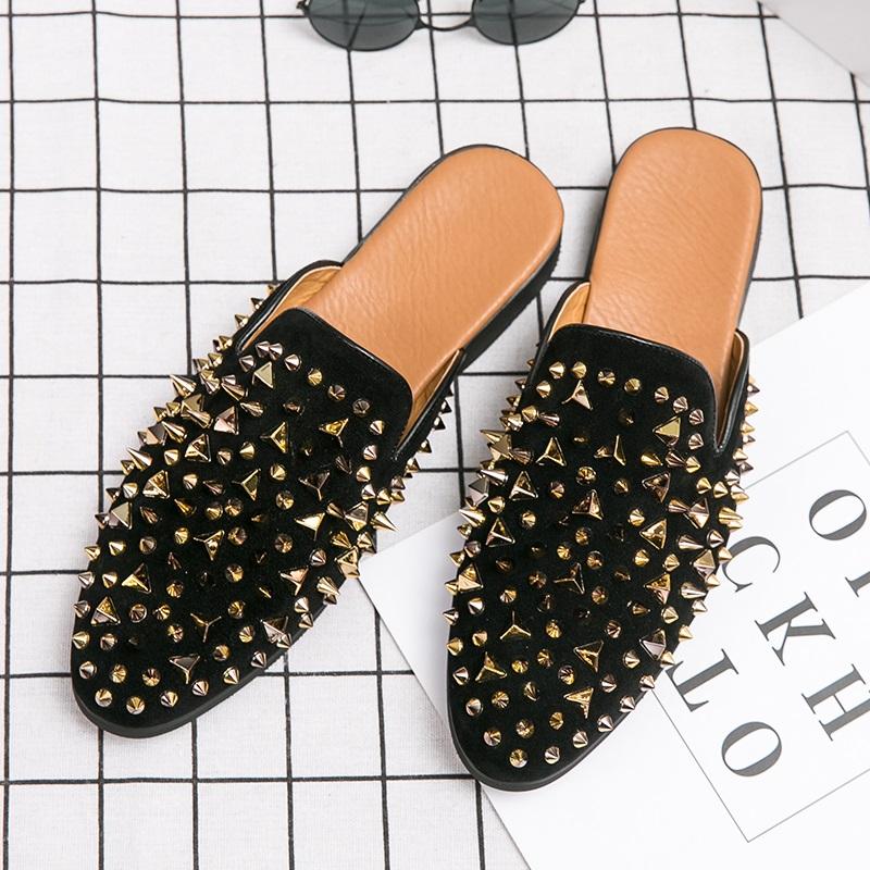 New Men's Half Slippers Hip Hop Punk Rivet Rhinestone Shoes Slip On Casual Mules Moccasins Breathable Loafers Zapatos Hombre
