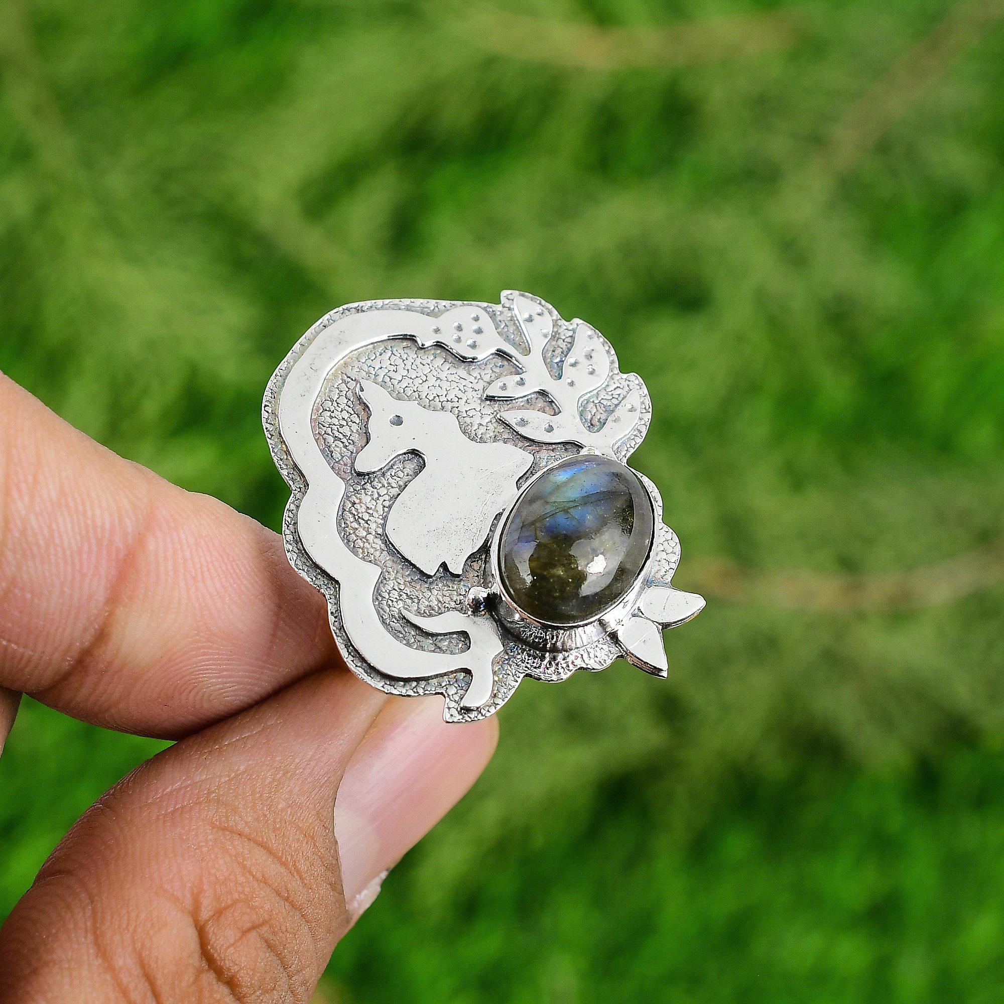 

Natural Labradorite Sterling Silver Promise Bezel Third Eye Chakra Ring Jewelry Adjustable