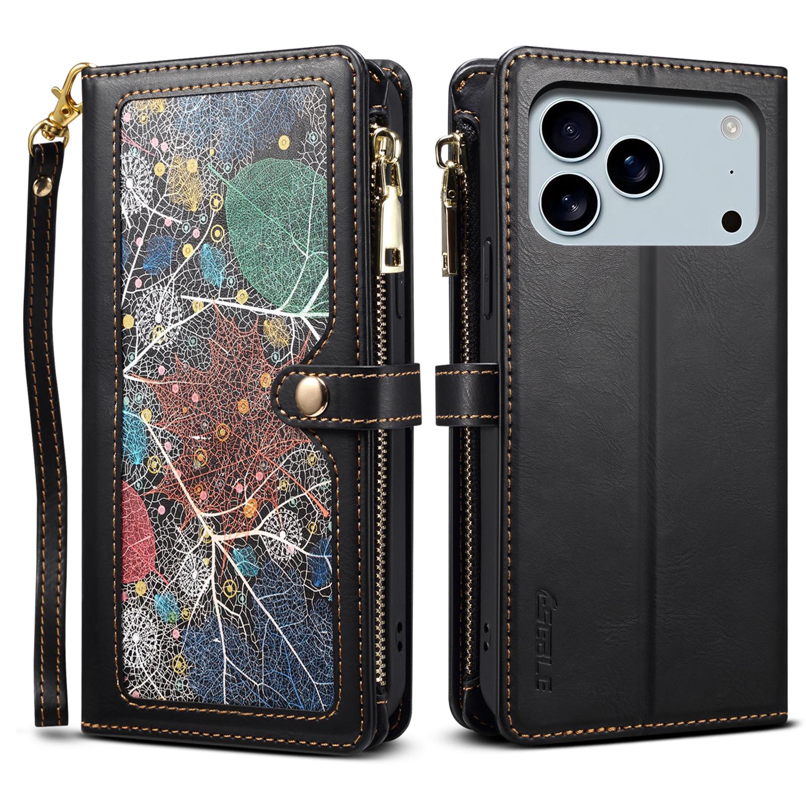 

ESEBLE Galaxy Series For iPhone 17 Pro Case RFID Blocking Leather Zipper Phone Cover with Shoulder Strap+Wrist Strap Black