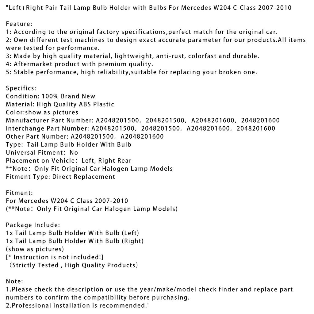 Venstre + Høyre Baklyktpæreholder med Pærer For Mercedes W204 C-Klasse 2007-2010