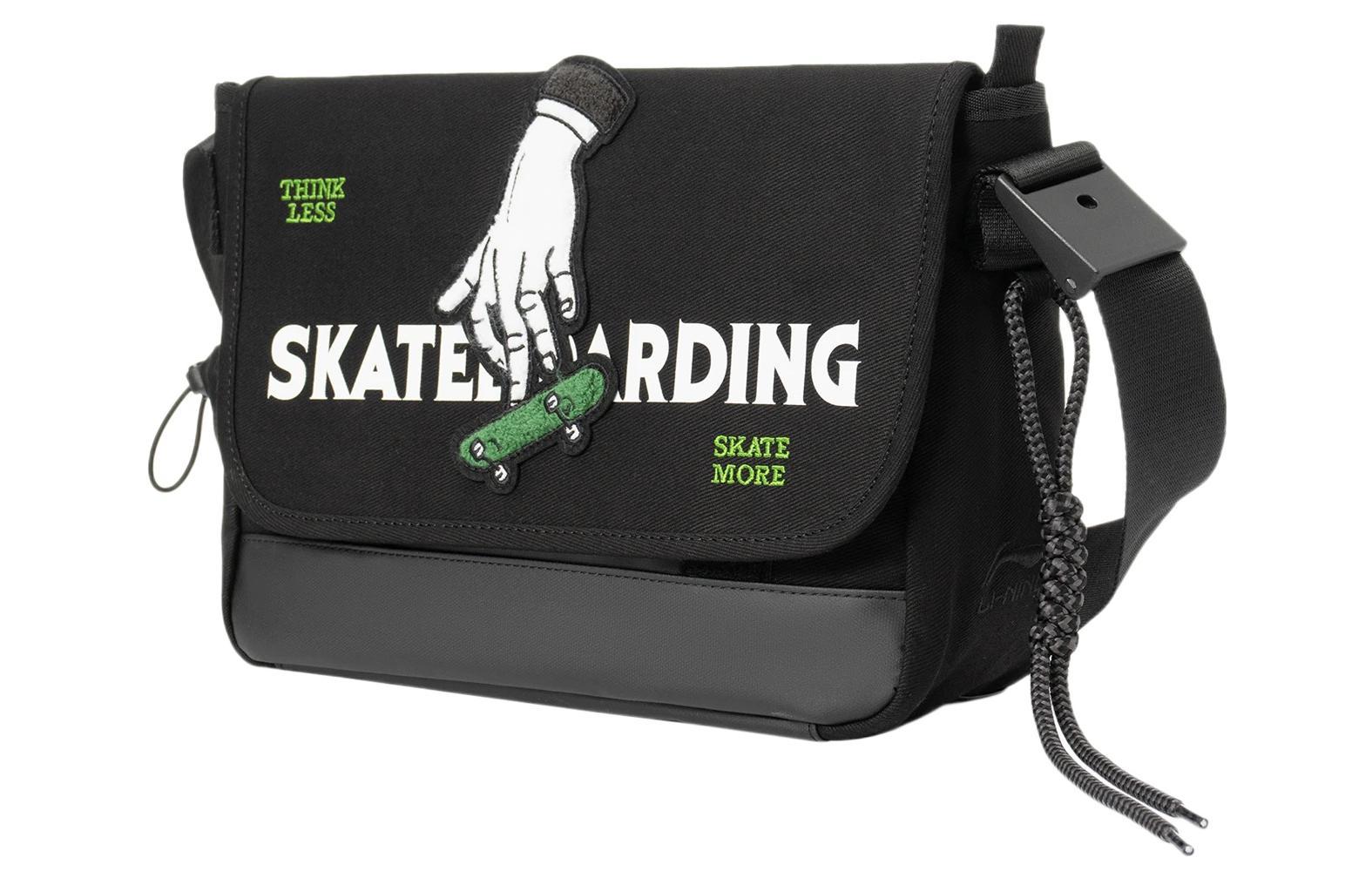 Li Ning Skateboard Cotton Messenger Bag, Shoulder Bag, Crossbody Bag Regular Unisex Black ABDS002-1