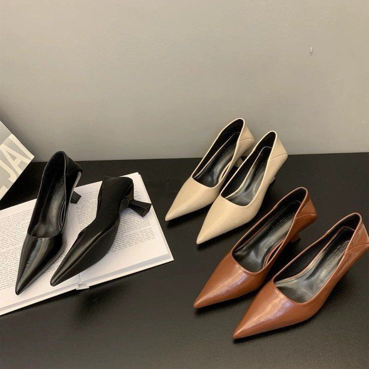2025 Spring New Pointed Head Thin Heel Medium Heel Single Shoes Women's Shoes Thin High Heels Celebrity Style Work Commute Shallow Mouth