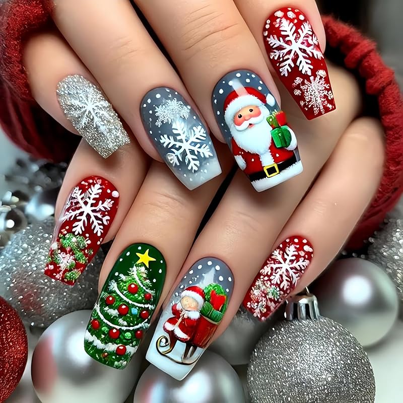 Snowflake Press on Nails Christmas Long Square Fake Nails Winter Snowman Acrylic Glue on Nail Glossy Xmas Stick on Nail for Women