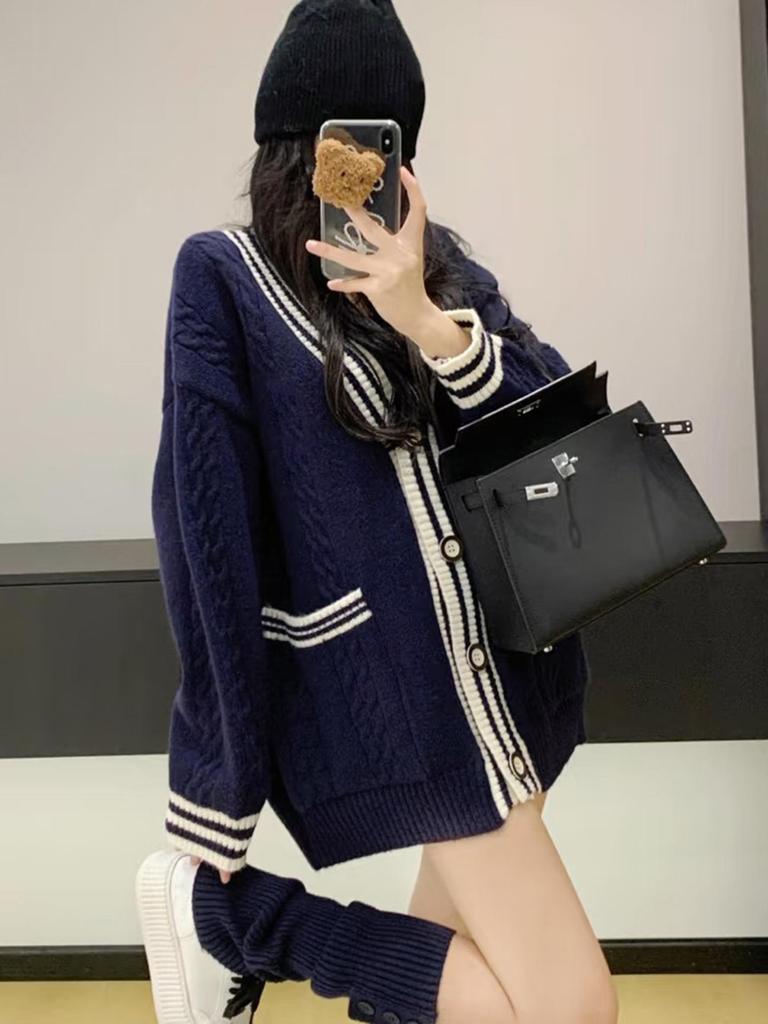 Navy Blue Women's V-neck Pure Cashmere Cardigan Sweater, Autumn/Winter, Loose Striped Design