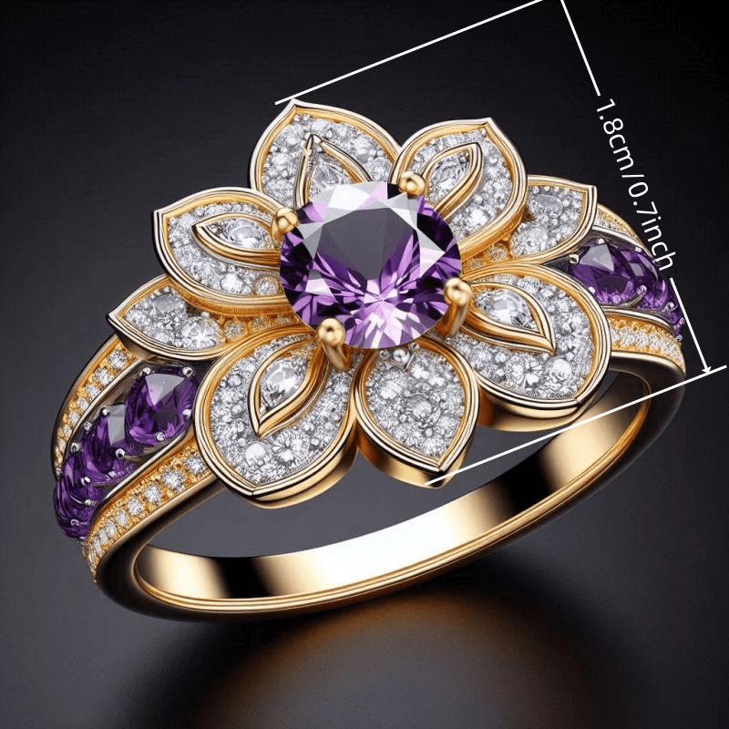 Elegant Luxury Two Tone Purple Flower Ring for Women Paved Sparkling Cubic Zirconia Wedding Party Temperament Sweet Lady Jewelry