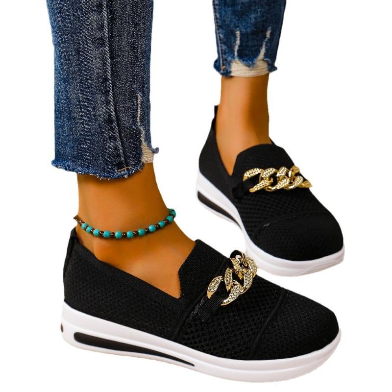 New Metal Chain, Slope Heel, Thick Sole, One Pedal, Breathable and Lightweight Mesh, Large Size Casual Single Shoes for Women