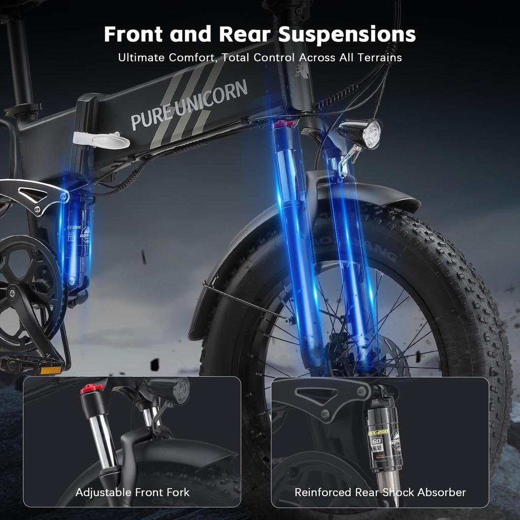 PURE UNICORN U4 Folding Electric Bike 1000W Motor 48V 15Ah Battery 20*4 inch Fat Tires 48km/h Max Speed 60km Range Shimano 7-speed