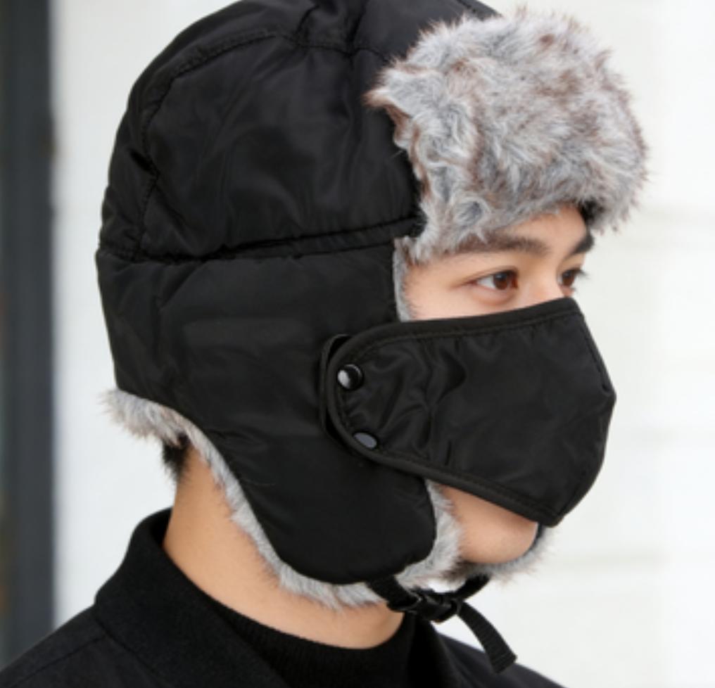 Unisex Warm Russian Troop Style Winter Aviator Bomber Hats with Fur Windproof Mask 100% Polyester Plush for Hunting Trapper