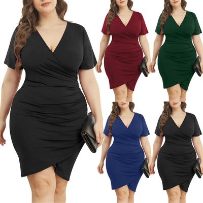 Vestidos Plus Size Femininos Babados Manga Curta Decote V Vestido Envoltório Franzido Sexy Casual Convidado Do Casamento Vestido De Coquetel