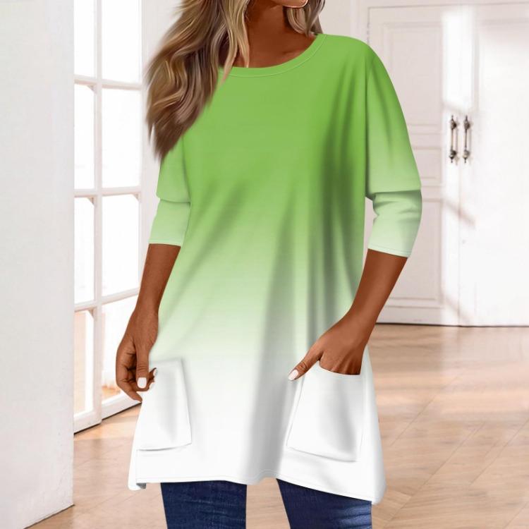 Women 3/4 Sleeve Round Neck T Shirt Casual Print Blouse Pullover Tops with Pocket Mid Length