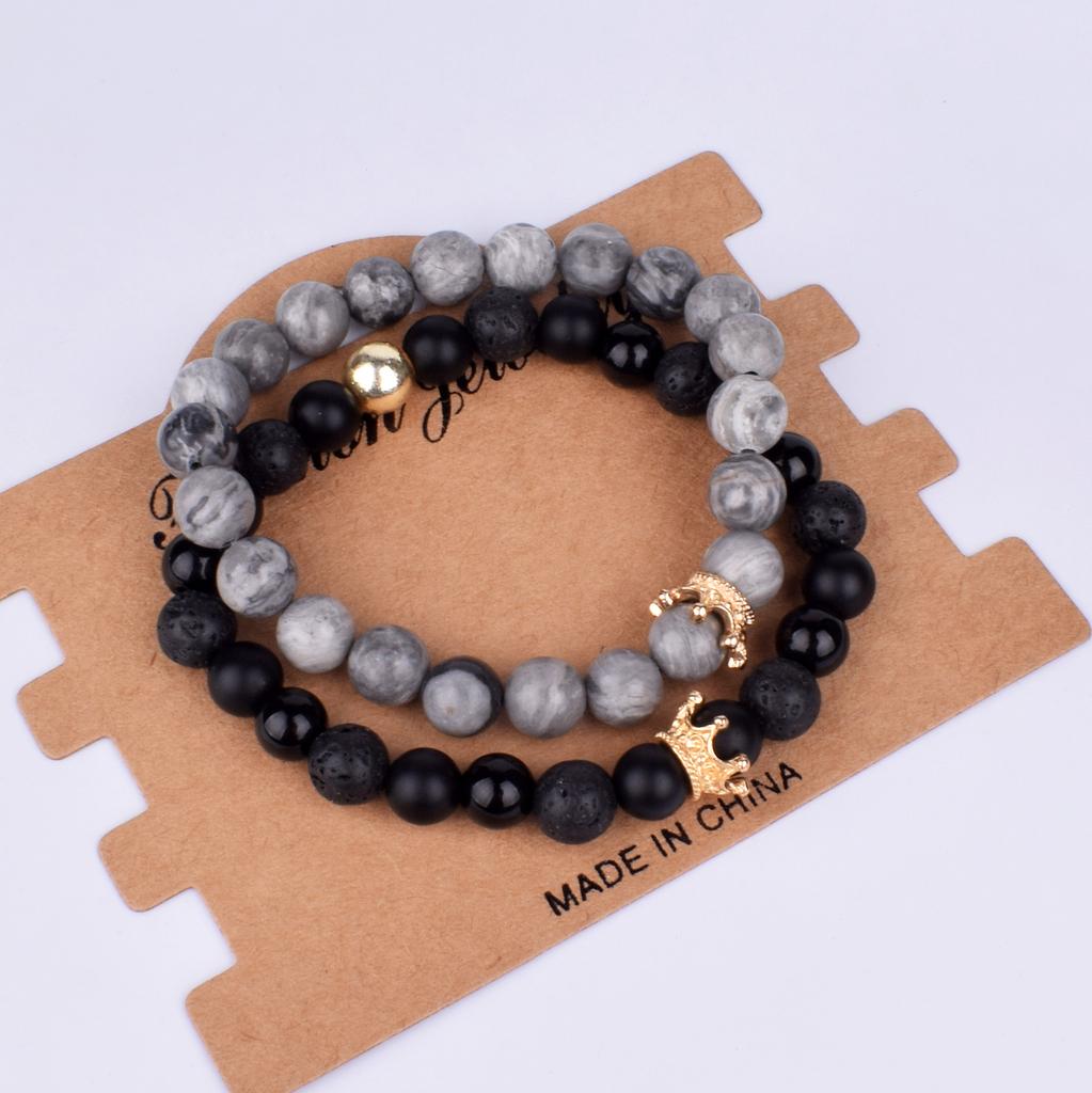 2pcs Charm Paired Bracelets Men Sets Crown Women's Bracelets Natural Stone Beads Wristband Couple Bracelet Gifts Friends Jewelry