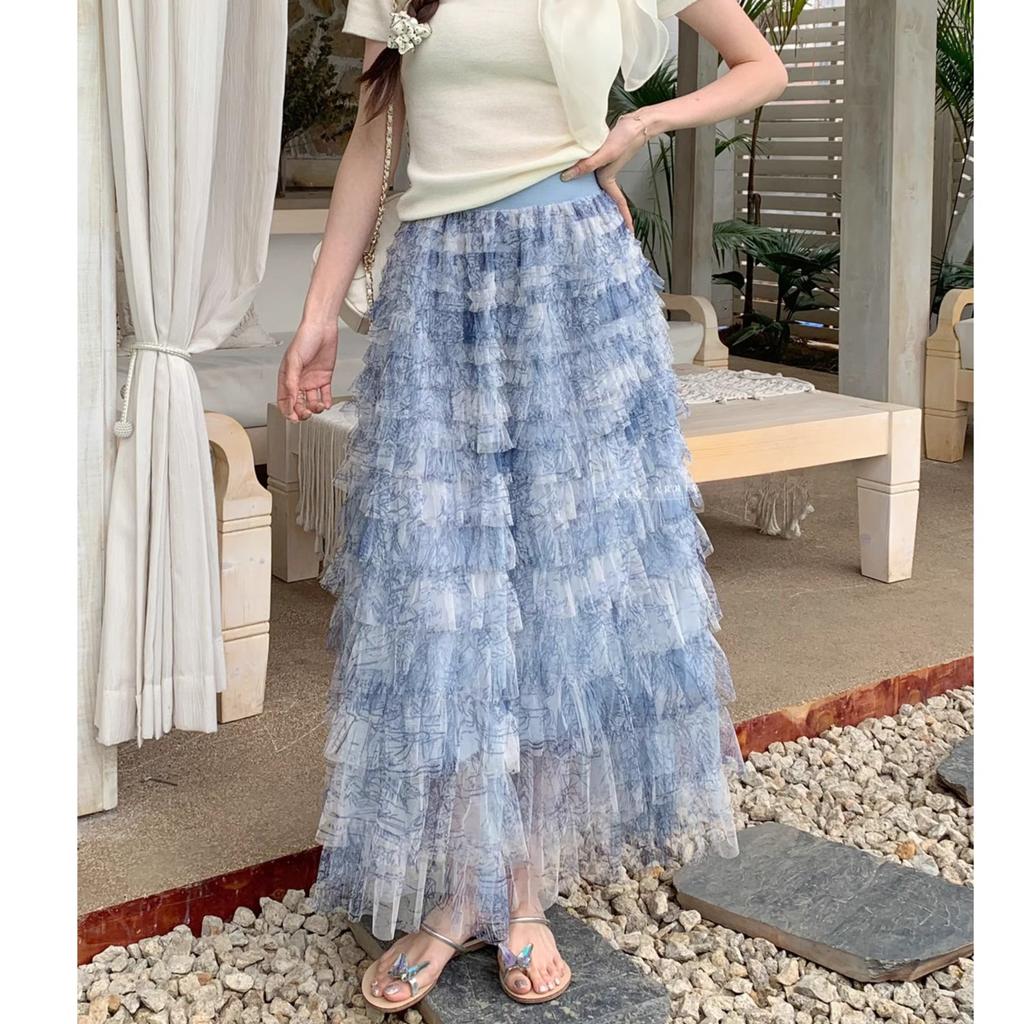 Dimanaf 2025 Summer Women New Skirts Vintage Mesh Elastic Pleated Elegant Blue Long Skirts Lace High Waist