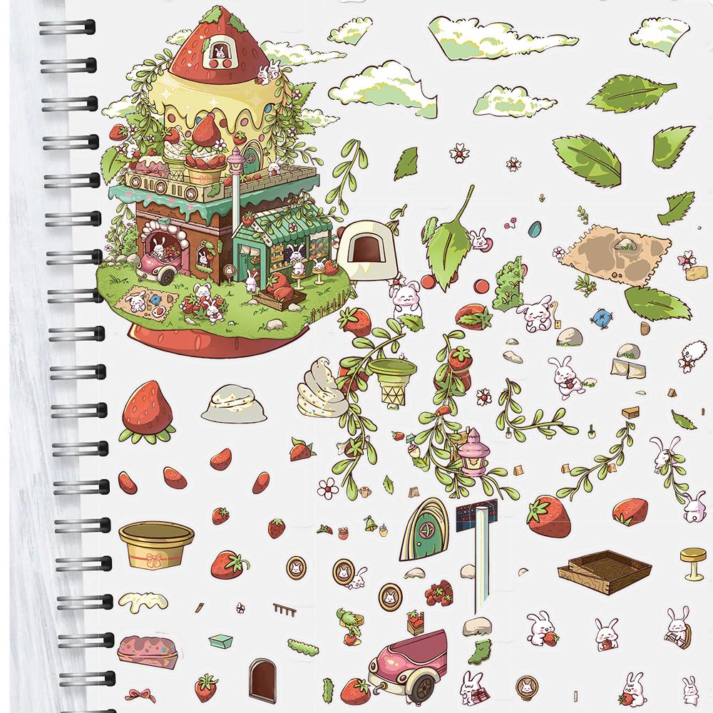 Cute Strawberry House Miniature Scene Sticker Harajuku Landscape Aesthetic Graffiti Laptop Landscape Community Sticker Creative