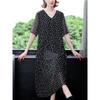 Vintage Damen Schwarzes Blumenkleid Koreanische Mode Sommer Neu Große Größe Halbarm V-Ausschnitt Pullover Lässiges Damen Gaze Langes Gewand