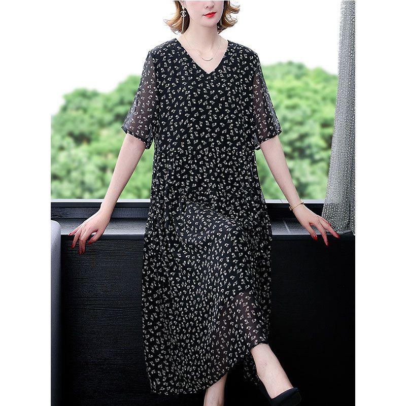 Vintage Damen Schwarzes Blumenkleid Koreanische Mode Sommer Neu Große Größe Halbarm V-Ausschnitt Pullover Lässiges Damen Gaze Langes Gewand