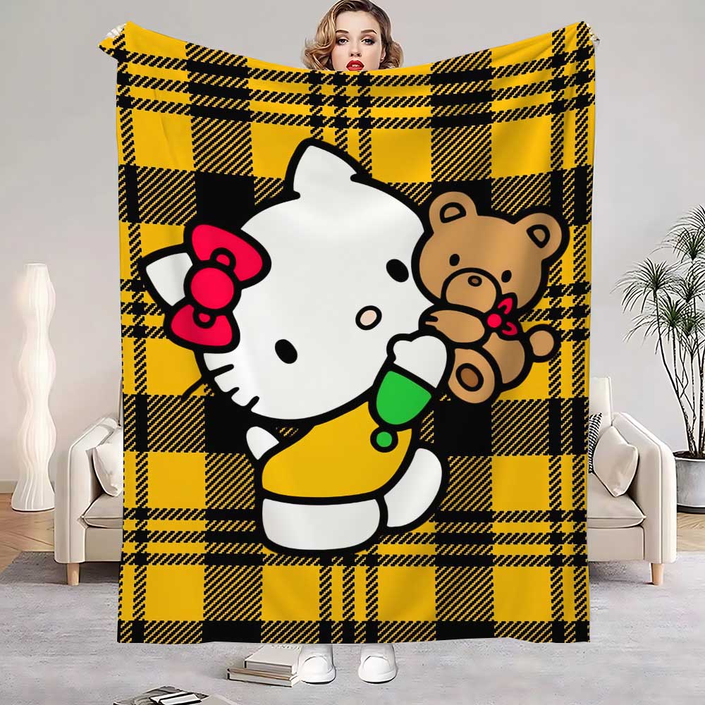 

Cute Throw Blanket for Sofa Luxury Blankets Kawaii Cat Hellos Checkered Pattern Home Interior Fluffy Plaid Microfiber Bedding 75x90cm