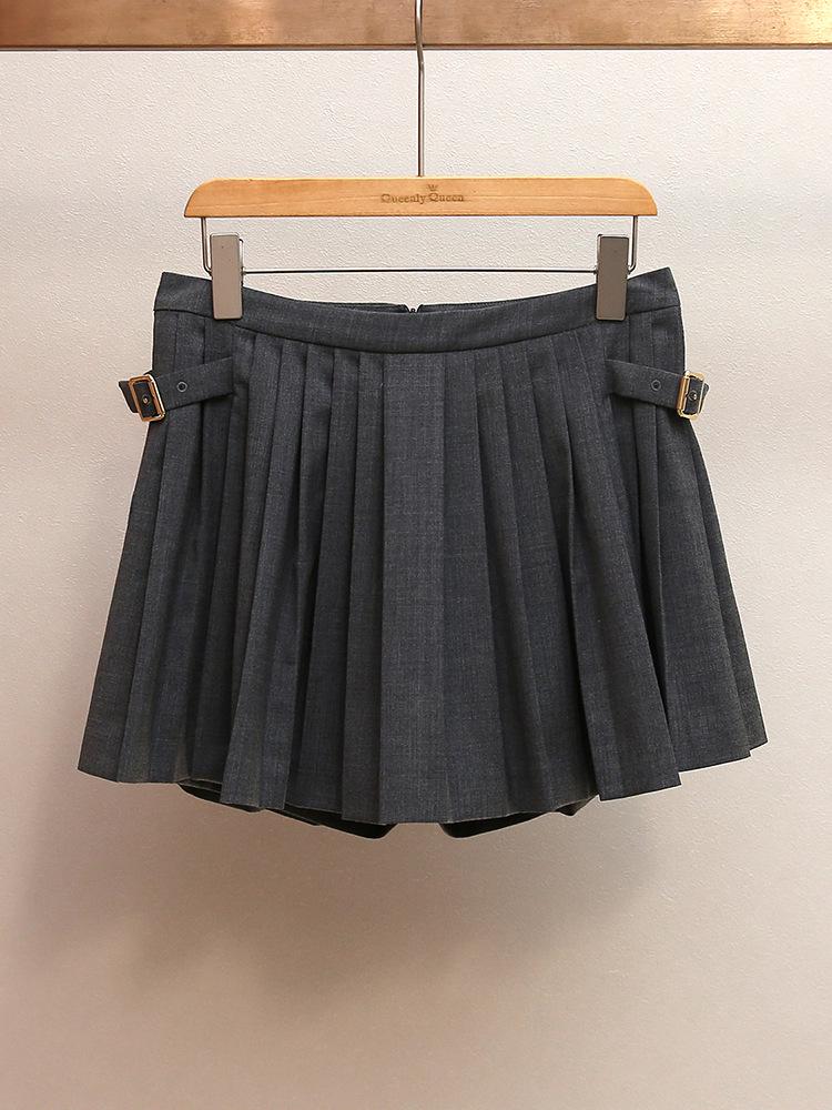 

S Brand Autumn/Winter French Style A-line High Waist Pleated Short Skirt with Button and Zipper Design M серый