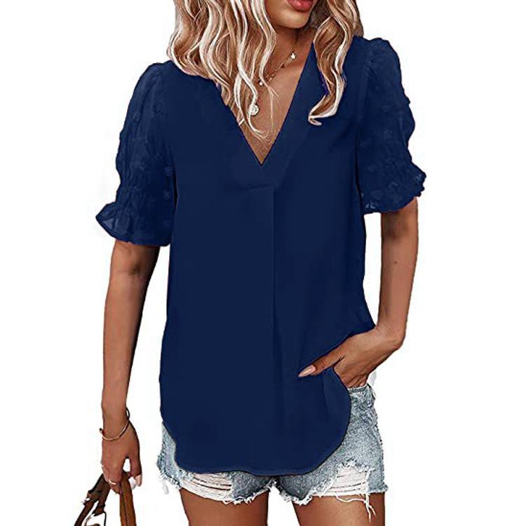A New V-neck Short-sleeved Fleece Ball Loose and Flowing Top for Women's Summer