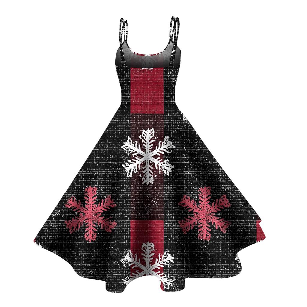 (Fröhliche Weihnachten) Damen Casual Mode Weihnachten Schneeflocke/Weihnachtsbaum/Schneemann Print Rundhals Retro Kleid